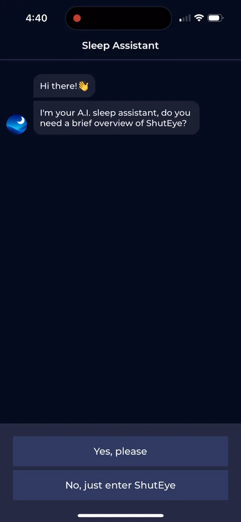 Shuteye onboarding screen 81: After the paywall a 'Sleep Assistant' chat opens: 'I'm your A.I