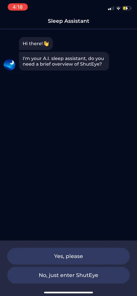 Shuteye onboarding screen 82: After the paywall an AI 'sleep assistant' chat asks if you want a quick overview, with 'yes please' / 'no…