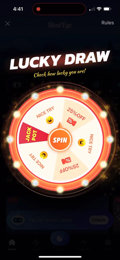 Shuteye onboarding screen 86: 'Lucky Draw: Check how lucky you are' with a spin-to-win wheel (Jackpot, 25% off, Nice try)
