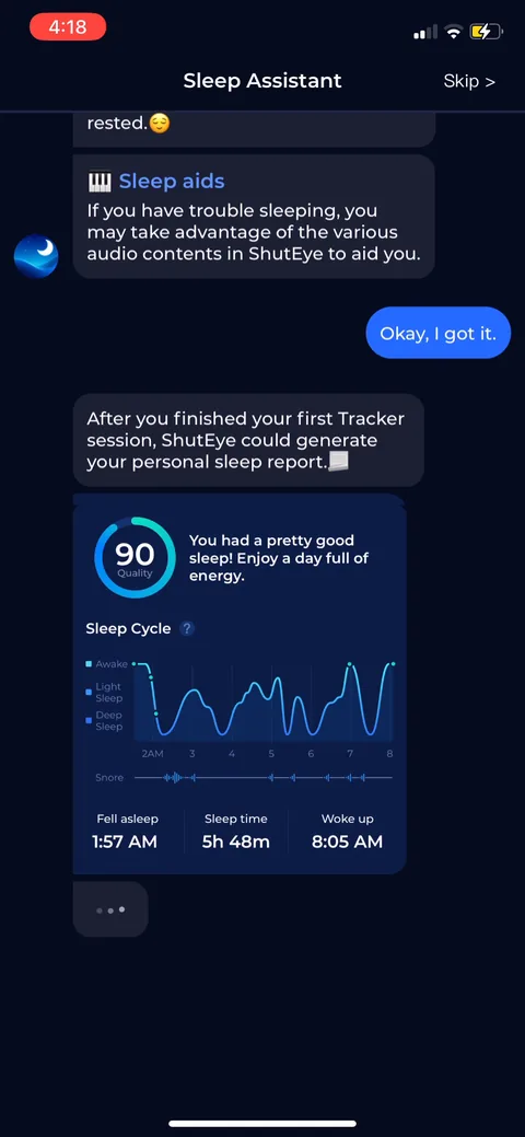 Shuteye onboarding screen 90: The assistant previews a sample report ('a pretty good 90% sleep', cycle, fell asleep/woke times)