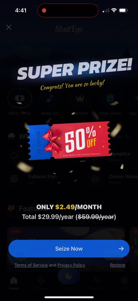 Shuteye onboarding screen 90: 'Super Prize