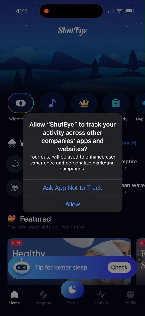 Shuteye onboarding screen 92: App Tracking Transparency prompt fires on the home screen after both offers