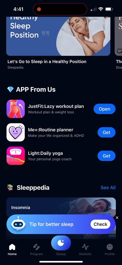 Shuteye onboarding screen 94: 'APP From Us' block on the home feed cross-promotes JustFit, Me+ and Light Daily Yoga from the same publisher