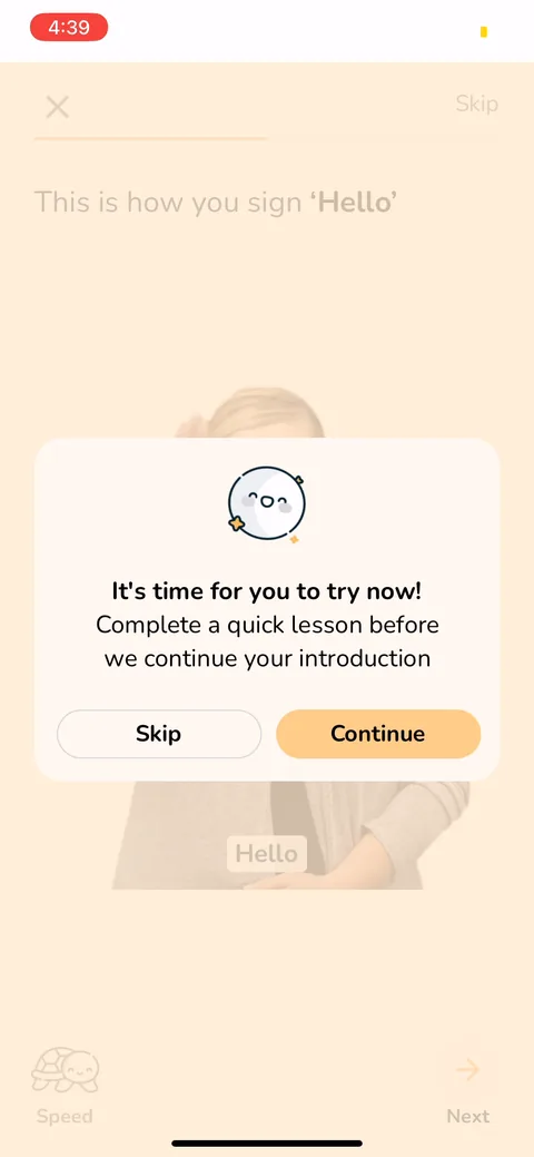 Signlab Asl Bloom onboarding screen 8: A modal that makes you do a real lesson before going further: 'Complete a quick lesson before we continue.'…