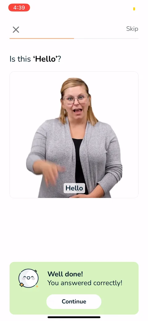 Signlab Asl Bloom onboarding screen 14: '+70' points right after the first correct answer, with a balance that's already moving