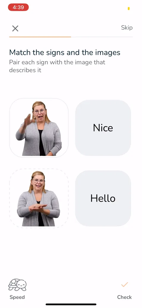 Signlab Asl Bloom onboarding screen 17: Match-the-sign exercise