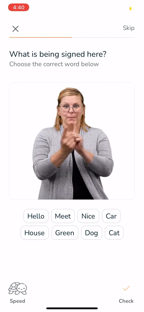 Signlab Asl Bloom onboarding screen 30: Multiple choice 'what is being signed here' across several signs you just learned