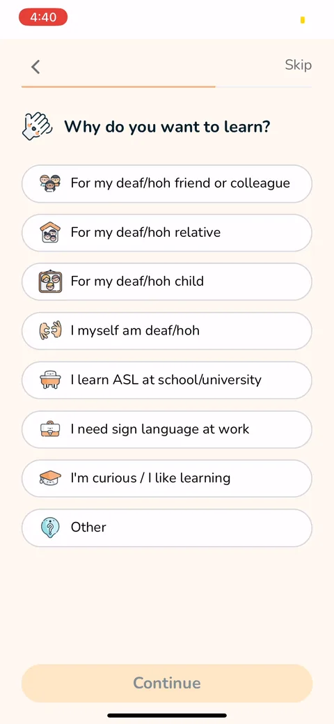 Signlab Asl Bloom onboarding screen 38: 'Why do you want to learn?' with reasons like deaf/hoh friend, child, work, curious