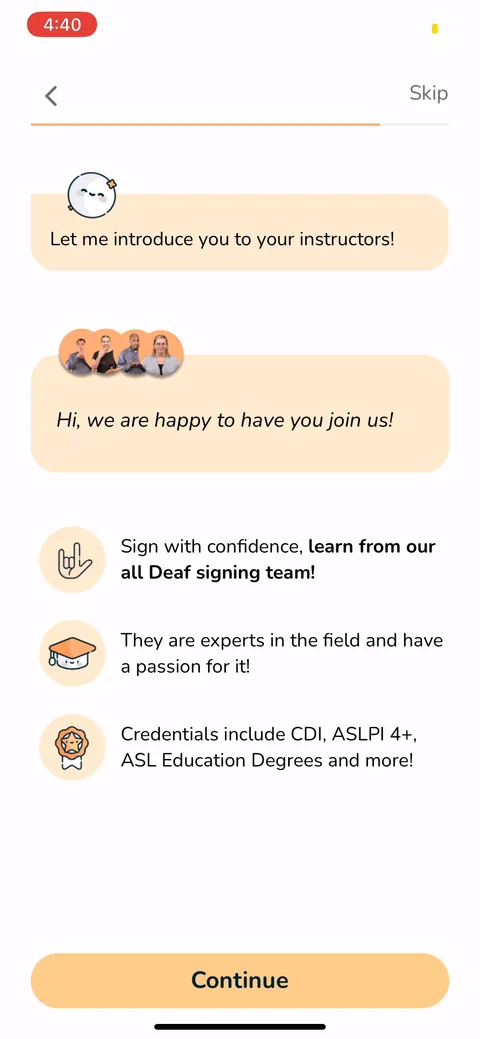 Signlab Asl Bloom onboarding screen 39: Instructors screen: 'learn from our all Deaf signing team,' with credentials like CDI and ASLPI 4+