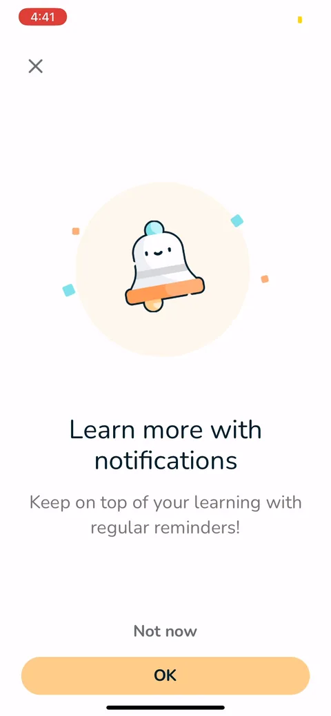 Signlab Asl Bloom onboarding screen 47: Soft notification ask ('keep on top of your learning with regular reminders') before the native iOS prompt