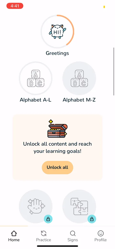 Signlab Asl Bloom onboarding screen 50: Free home with locked lessons and an 'Unlock all' card under the unlocked greetings lesson