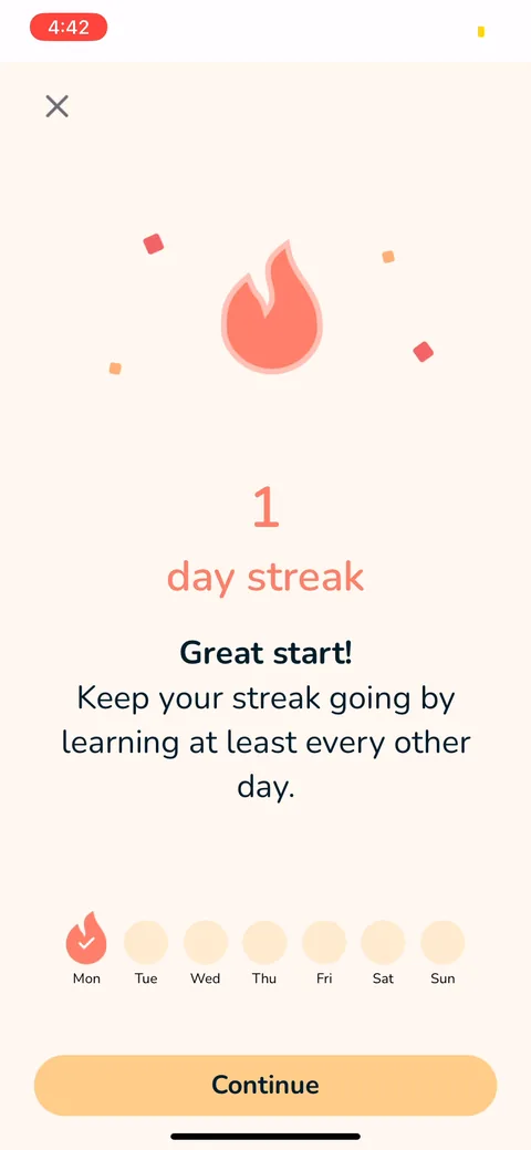 Signlab Asl Bloom onboarding screen 60: 1-day streak screen with the week laid out and Mon checked
