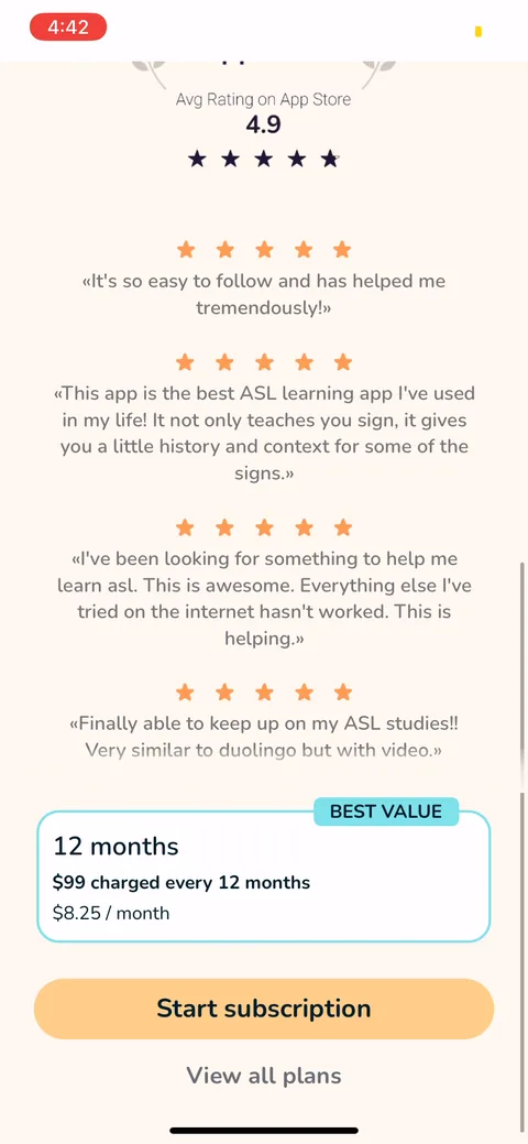 Signlab Asl Bloom onboarding screen 67: Second paywall leads with the 4.9 App Store rating and real review quotes, one calling it 'Duolingo but with…
