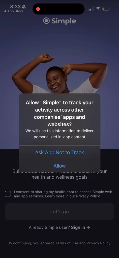 Simple Fitness onboarding screen 2: Health-data consent sits on the very first screen, gating the 'Let's go' button behind a checkbox to share…