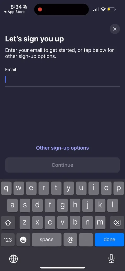 Simple Fitness onboarding screen 6: Email signup before a single question