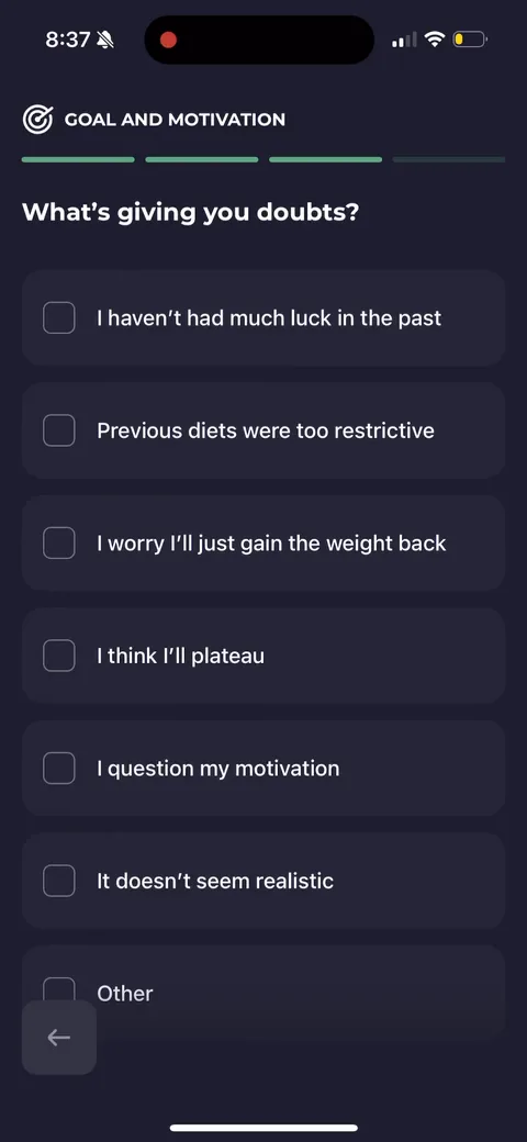 Simple Fitness onboarding screen 105: 'What's giving you doubts' (previous diets too restrictive, worry I'll gain it back, I'll plateau)