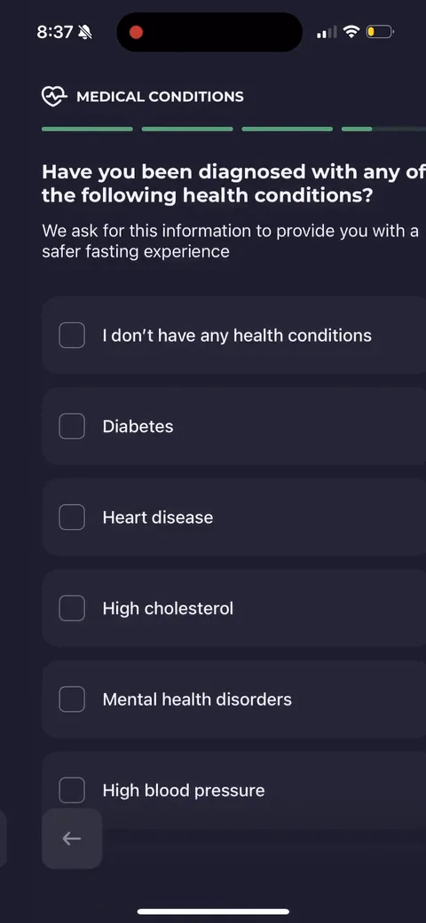 Simple Fitness onboarding screen 111: Medical-conditions questions framed as 'to provide you with a safer fasting experience.' Reframing a data…