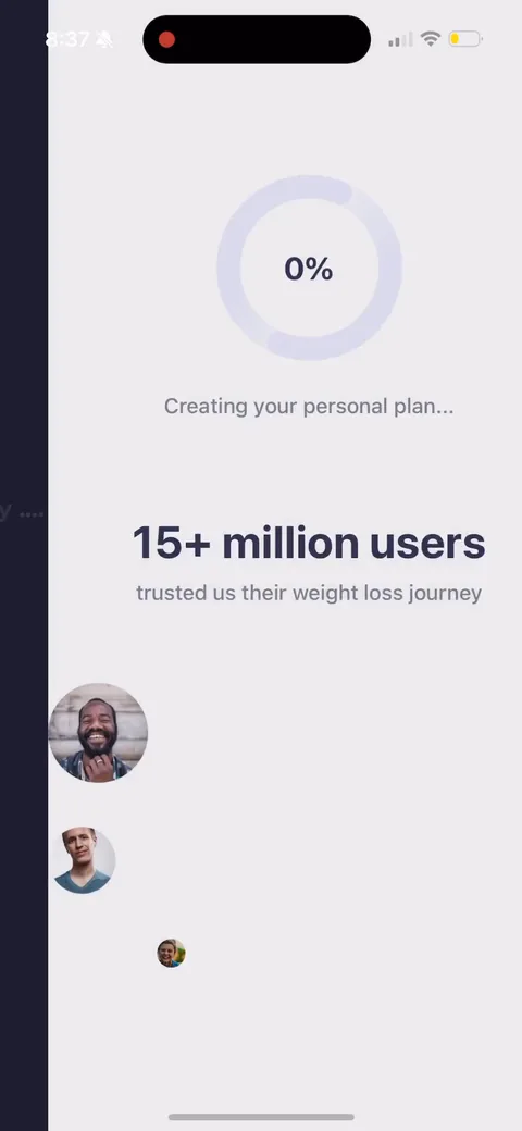 Simple Fitness onboarding screen 119: 'Creating your personal plan' loading with '15 million users trusted us their weight loss journey' and task…