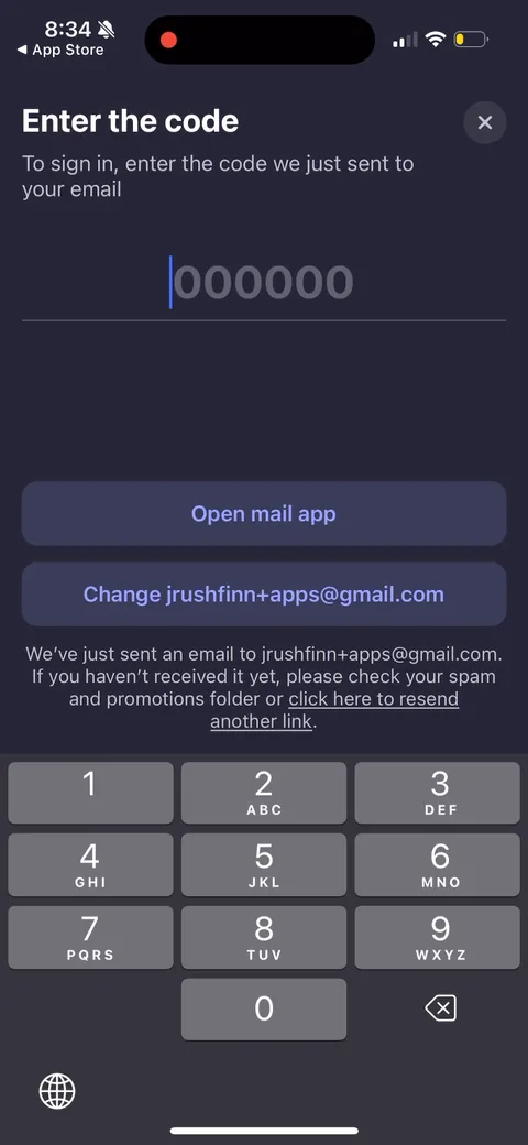 Simple Fitness onboarding screen 12: And it's an email OTP, so you leave the app to grab a code from your inbox