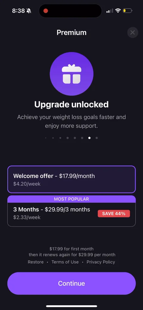 Simple Fitness onboarding screen 147: Same paywall, different headline benefit and a monthly variant ($17.99 first month, then $29.99)