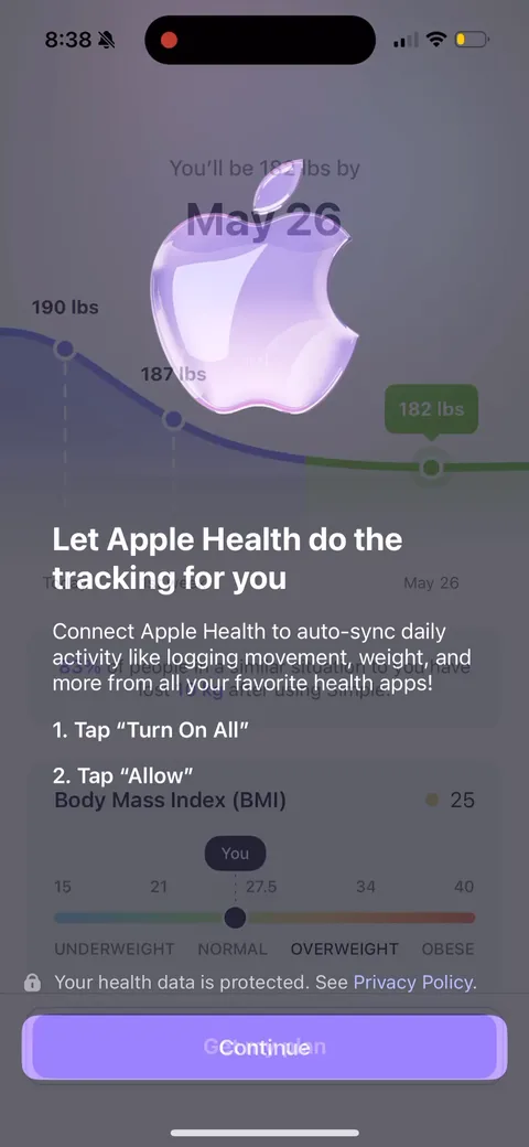 Simple Fitness onboarding screen 150: Apple Health permission after the paywall, framed as 'let Apple Health do the tracking for you' with the…