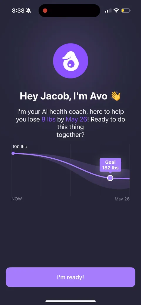 Simple Fitness onboarding screen 157: 'Hey Jacob, I'm Avo, your AI coach, here to help you lose 8 lbs by May 26.' Personalized with the name and…