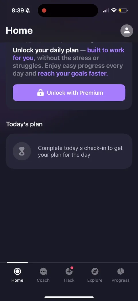 Simple Fitness onboarding screen 160: You land on a home screen that's still locked: 'complete today's check-in to get your plan' plus an 'Unlock…