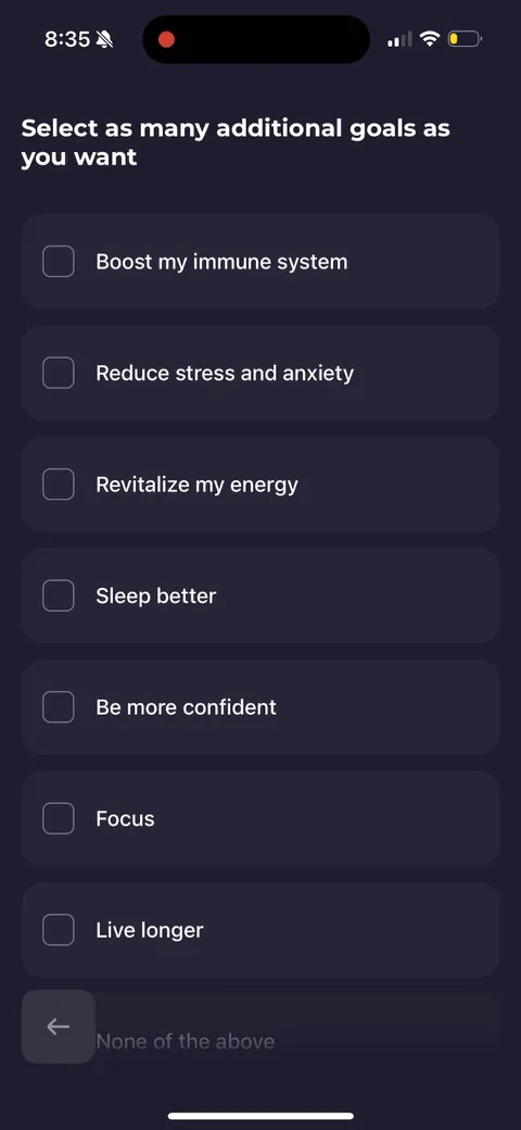 Simple Fitness onboarding screen 53: Then 'select as many additional goals as you want' as multi-select