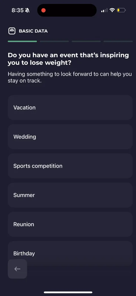 Simple Fitness onboarding screen 64: 'Do you have an event inspiring you to lose weight' (wedding, vacation, reunion)