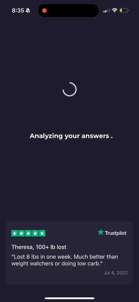 Simple Fitness onboarding screen 67: Loading screen that 'analyzes your answers' with a Trustpilot review sitting underneath ('lost 8 lbs in one…