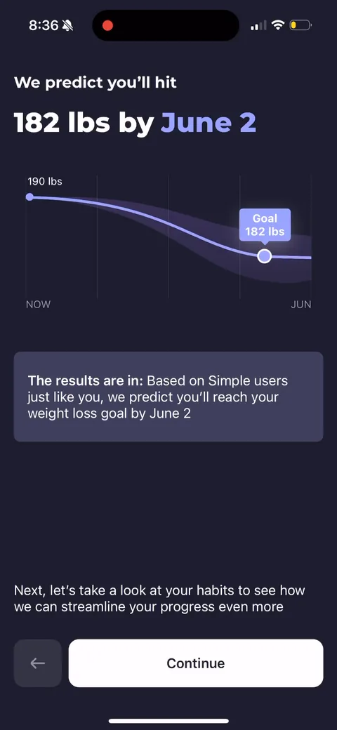 Simple Fitness onboarding screen 69: The payoff: a graph predicting 'you'll hit 182 lbs by June 2.' Putting a specific number and date on the…
