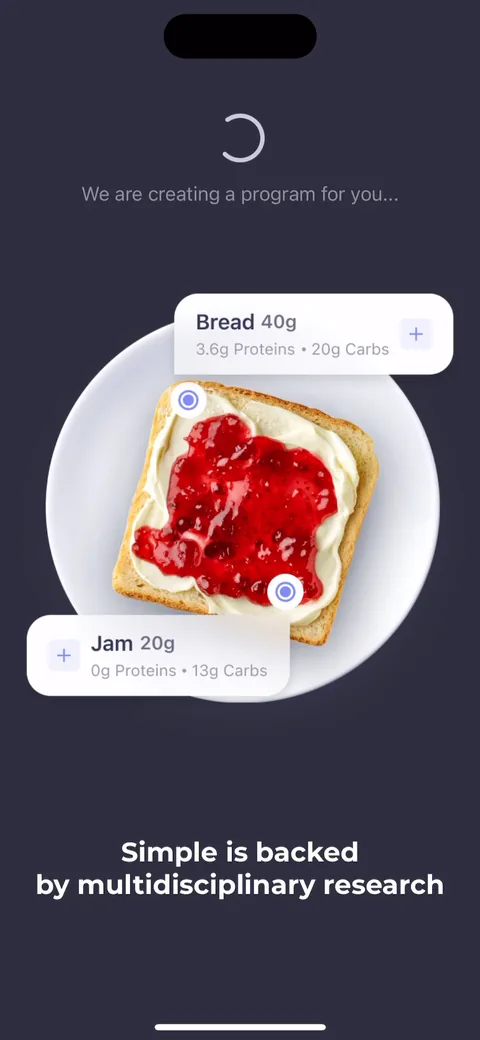 Simple Fitness onboarding screen 78: Start of a 'we are creating a program for you' carousel that pre-handles objections: 'you can still eat…