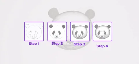 Simply Draw onboarding screen 25: Step-by-step breakdown (panda, Steps 1-4) demonstrating the core teaching mechanic