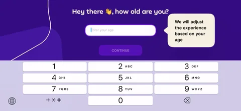 Simply Draw onboarding screen 45: Personalization quiz kicks off: 'Hey there, how old are you?' with a native numeric keypad and a coachmark…