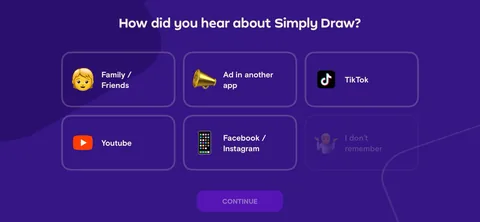 Simply Draw onboarding screen 60: 'How did you hear about Simply Draw?' attribution question (YouTube, Facebook/IG, TikTok, Family/Friends, Ad…