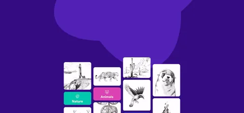 Simply Draw onboarding screen 62: Interest selection by category (Nature, Animals, etc.) with sample thumbnails