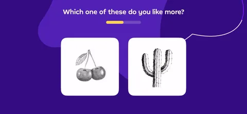 Simply Draw onboarding screen 68: 'Which one of these do you like more?' A/B preference quiz with a progress bar