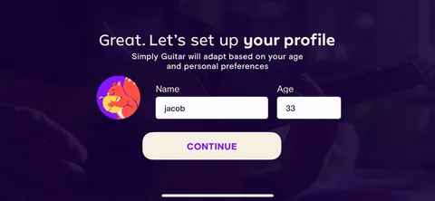 Simply Guitar onboarding screen 2: They ask for name and age right after the intro and tell you why: 'Simply Guitar will adapt based on your age…