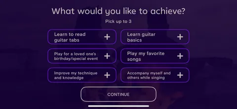 Simply Guitar onboarding screen 4: 'What would you like to achieve, pick up to 3' is the right call as multi-select