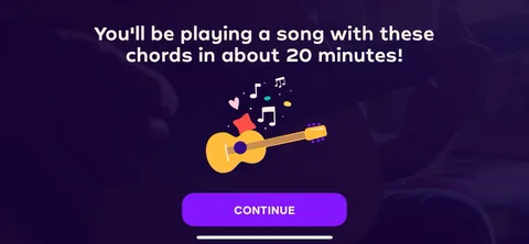 Simply Guitar onboarding screen 7: 'You'll be playing a song with these chords in about 20 minutes.' A concrete, time-boxed promise of value