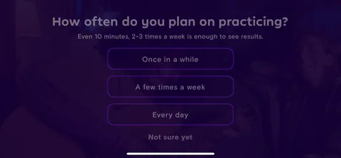 Simply Guitar onboarding screen 9: Practice frequency question doubles as a commitment device