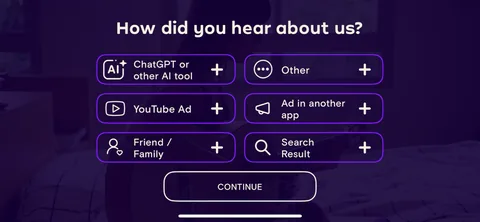 Simply Guitar onboarding screen 11: Good to see a How Did You Hear About Us question in the flow, with 'ChatGPT or other AI tool' as an option…