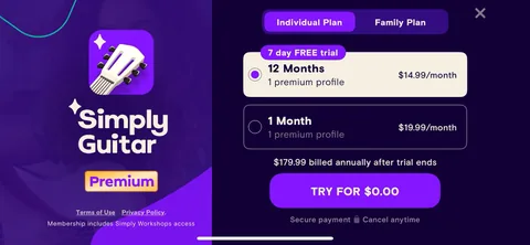 Simply Guitar paywall with pricing, onboarding screen 15