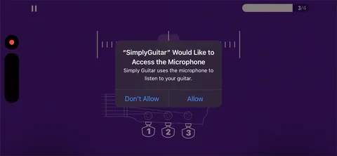 Simply Guitar onboarding screen 20: Microphone permission fires at the moment it's needed, mid-lesson, with the reason right there: 'Simply…