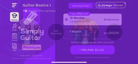 Simply Guitar onboarding screen 21: The real paywall, now firing after you've tuned your guitar and felt the first lesson