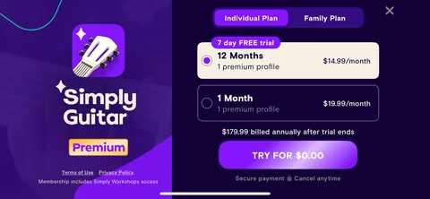 Simply Guitar onboarding screen 22: Clean plan structure: Individual vs Family tabs, annual highlighted with the trial, monthly sitting there as…