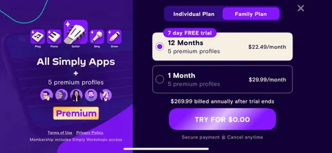 Simply Guitar onboarding screen 23: The Family Plan tab pays off the profiles they had you set up earlier