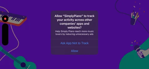 Simply Piano onboarding screen 3: ATT prompt, with 'help Simply Piano reach more people' as the justification
