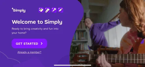 Simply Piano onboarding screen 6: 'Ready to bring creativity and fun into your home?' over lifestyle video of a family