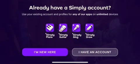 Simply Piano onboarding screen 9: 'Use your existing account and profiles for any of our apps on unlimited devices.' One account across piano…